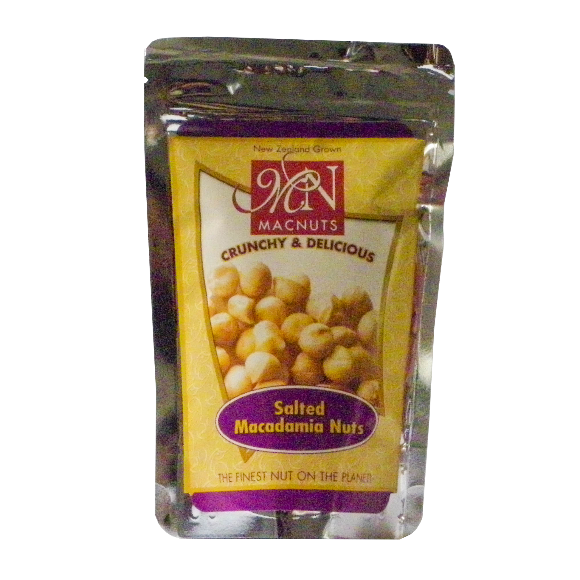 120g foil pouch of roasted and salted NZ macadamia nuts from MacNut Farm Helensville.