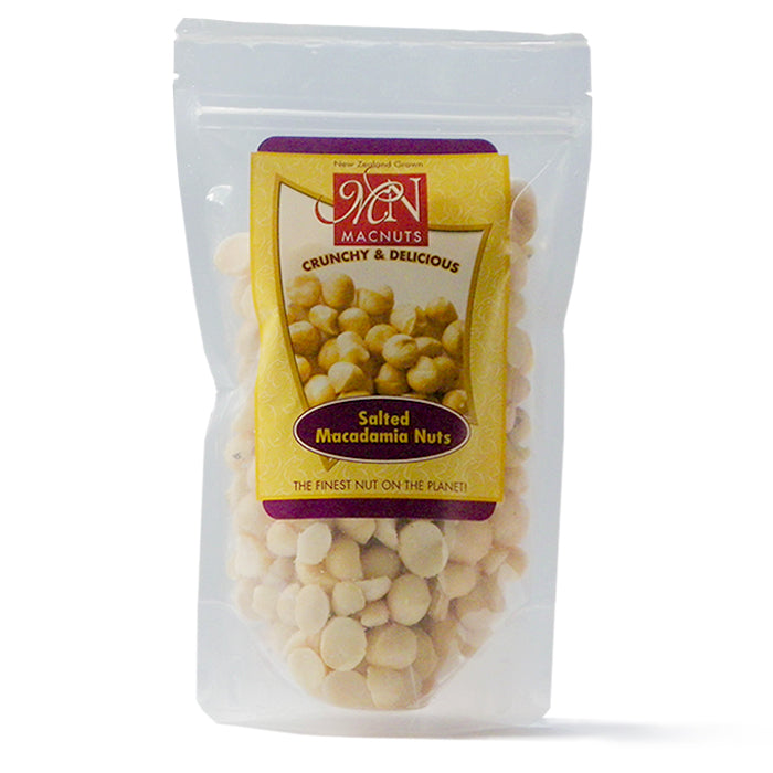 400g pouch of roasted and salted NZ macadamia nuts, hand-picked Beaumont variety.